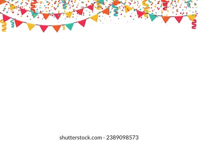 Garland de banderas de colores y banner horizontal confetti. Eventos de entretenimiento en las guirnaldas del carnaval. Fondo vectorial festivo al estilo de caricatura plana sobre un fondo blanco.