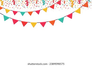 Garland de banderas de colores y banner horizontal confetti. Eventos de entretenimiento en las guirnaldas del carnaval. Fondo vectorial festivo al estilo de caricatura plana sobre un fondo blanco.