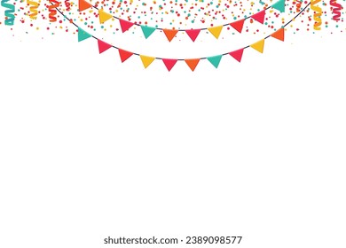 Garland de banderas de colores y banner horizontal confetti. Eventos de entretenimiento en las guirnaldas del carnaval. Fondo vectorial festivo al estilo de caricatura plana sobre un fondo blanco.