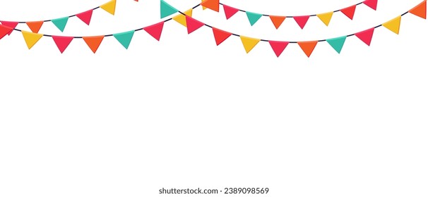 Garland of colored flags horizontal banner. Festive vector background in flat cartoon style on a white background.