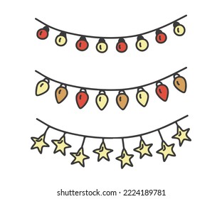 Garland with colored light bulbs, doodle decoration. Hand drawn sketch for Christmas, new year. Decorative light with different lamps. Vector illustration