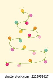 The garland with colored light bulbs is laid out in the form of a Christmas tree. Christmas greeting card. Illustration with colored lanterns. Vector background.