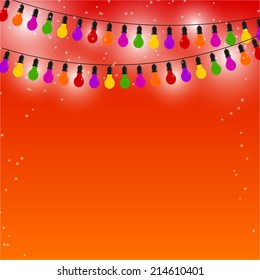 Garland of colored lights on red festive background. Vector illustration.