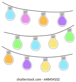 Garland of colored lights. Vector illustration Garland with multi-colored lightbulbs on white background. Colored light bulbs on a rope.
Party lights.