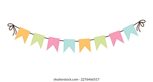 A garland of colored paper flags on a rope. Festive decoration.