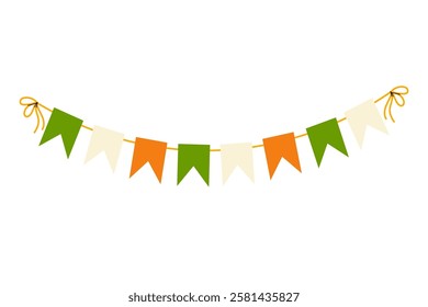 Garland of colored paper flags on a rope in colours Irish flag. Festive decoration. Decorative element for St. Patrick's Day.