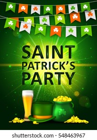 Garland Of Colored Pennants With Clover, Green Pot Of Gold Coins, Glass Of Beer And Green Hat On Shining Green Background. Irish Holiday Saint Patrick's Day. Party Poster, Disco Night Placard