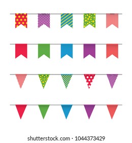 Garland with colorful flags. Carnival or fair flags on white background. Decoration for party, birthday, festival. Vector