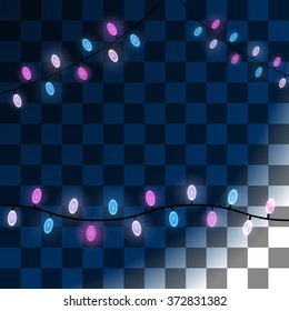 Garland colorful holiday lights. Isolated on a dark transparent background. Vector illustration for your design
