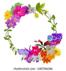 Garland of colorful realistic flower with flying bee isolated on white background with empty space, vector illustratiom.