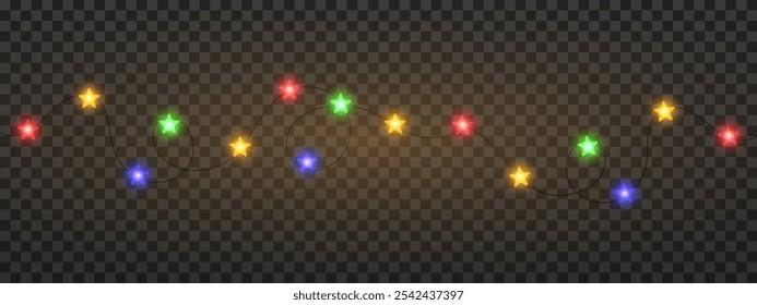 Garland of colorful star shaped Christmas lights hanging on a dark background, festive atmosphere. A string glowing fairy lights on a transparent background. Decorative, warm lighting