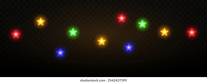 Garland of colorful star shaped Christmas lights hanging on a dark background, festive atmosphere. A string glowing fairy lights on a transparent background. Decorative, warm lighting