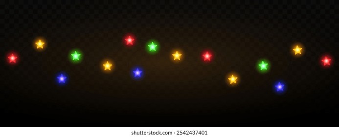 Garland of colorful star shaped Christmas lights hanging on a dark background, festive atmosphere. A string glowing fairy lights on a transparent background. Decorative, warm lighting