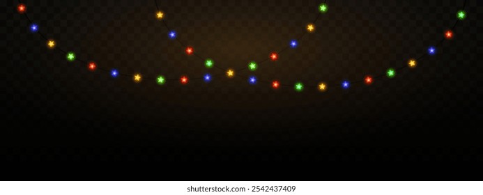 Garland of colorful star shaped Christmas lights hanging on a dark background, festive atmosphere. A string glowing fairy lights on a transparent background. Decorative, warm lighting