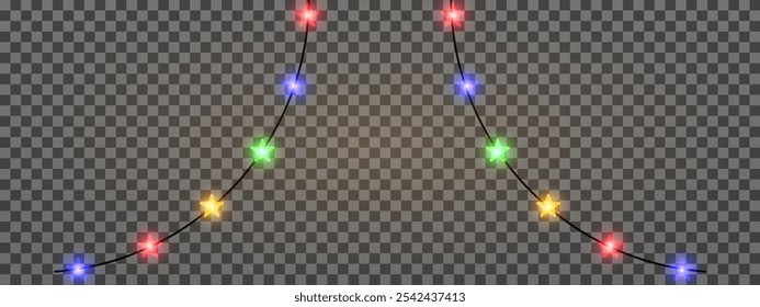 Garland of colorful star shaped Christmas lights hanging on a dark background, festive atmosphere. A string glowing fairy lights on a transparent background. Decorative, warm lighting