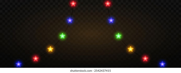 Garland of colorful star shaped Christmas lights hanging on a dark background, festive atmosphere. A string glowing fairy lights on a transparent background. Decorative, warm lighting