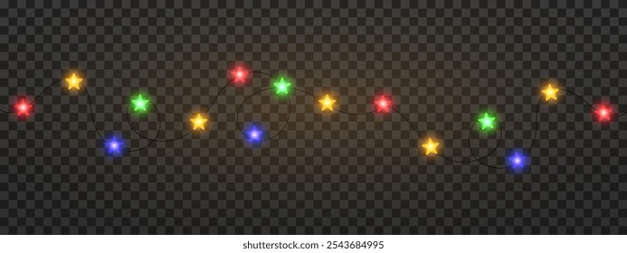 Garland of colorful star shaped Christmas lights hanging on a dark background, festive atmosphere. A string glowing fairy lights on a transparent background. Decorative, warm lighting