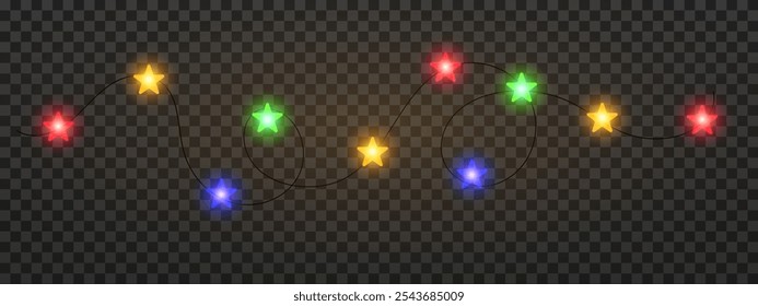 Garland of colorful star shaped Christmas lights hanging on a dark background, festive atmosphere. A string glowing fairy lights on a transparent background. Decorative, warm lighting