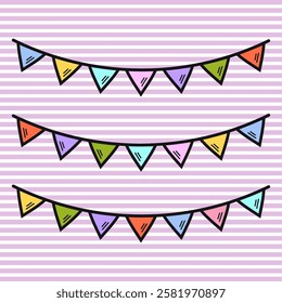 Garland of colorful triangular flags. Festive decoration. Vector illustration.