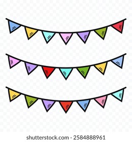 Garland of colorful triangular flags. Festive decoration. Vector illustration.