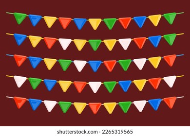 Garland of colorful triangular flags. Set of party flags from different color combinations. Realistic 3d festive decor in plastic cartoon style. Isolated on dark red background. 3D Vector illustration