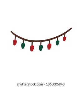 Garland with colourful lights isolated on white background. Red and green illumination bulb lamp. Hand drawn cartoon icon. Happy new year celebration. Decoration for bithday party. 