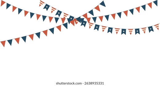 Garland composition. July 4th. Star background for American Independence Day. Red blue stars confetti in the colors of the US flag for Independence Day.