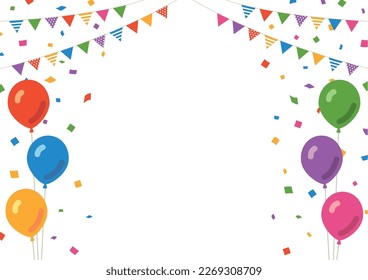 Garland, confetti and balloons framed material  on white background