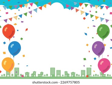 Garland, confetti and balloons framed material on Townscape Background