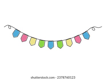 Garland continuous line art drawing. Hanging party decoration. Vector illustration isolated on white background. Minimalist design handdrawn.