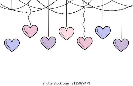 Garland with cute purple hearts. Valentine's Day decoration. Vector illustration in colored doodle line style.