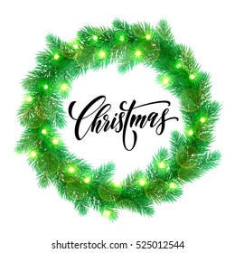 Garland decoration of Christmas lights design element. Vector wreath of pine, fir, spruce branches. Christmas tree garland for greeting card or Merry Christmas bow door decoration