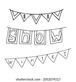 Garland of decoration flags in doodle style. Simple decor for a festive Christmas and New Years. Vector illustration isolated on white background.