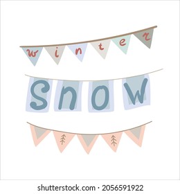 Garland of decoration flags in doodle style. Simple decor for a festive Christmas and New Years. Vector illustration isolated on white background.