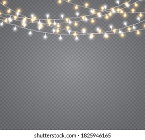 Garland decorations. Glowing lights for Christmas holiday cards, banners, posters, web designs. Led neon lamp. Christmas lights, isolated on a transparent background. Vector illustration, eps 10.