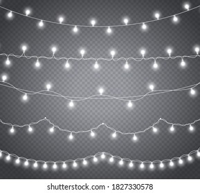 Garland decorations. Glowing lights for Christmas holiday cards, banners, posters, web designs. Led neon lamp. Christmas lights, isolated on a transparent background. Vector illustration, eps 10.