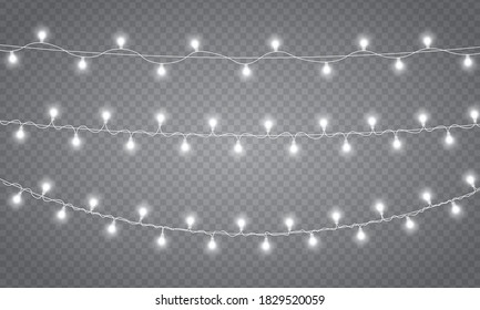 Garland decorations. Glowing lights for Christmas holiday cards, banners, posters, web designs. Led neon lamp. Christmas lights, isolated on a transparent background. Vector illustration, eps 10.