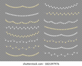 Garland decorations. Led neon lamp. Christmas lights, isolated on a transparent background. Glowing lights for Christmas holiday cards, banners, posters, web designs. Vector illustration, eps 10.