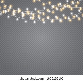 Garland decorations. Led neon lamp. Christmas lights, isolated on a transparent background. Glowing lights for Christmas holiday cards, banners, posters, web designs. Vector illustration, eps 10.