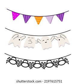 Garland with different Flags for Halloween or Thanksgiving Day. illustration of Pennants set on white isolated background. Ghost, spider, triangle.