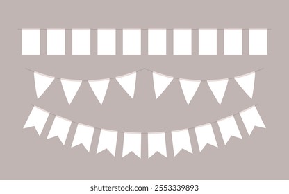 Garland with different white flags set. Decorative bunting background for party, holiday carnival, birthday celebration, festival decoration. Hanging flags. Vector illustration