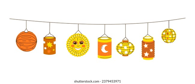 Garland with diverse Lanterns for Saint Martin day or Laternenumzug,traditional german and european light festival for children.Vector illustration on white background.