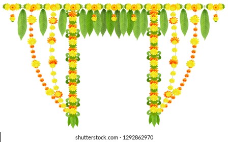 Garland for door of mango leaves and marigold flowers. Ugadi or gudi padwa indian lunar new year. Isolated on white vector decor illustration