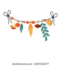 Garland of dried herbs, twigs, flowers and mushrooms on a white background in a flat style. Witch's preparations. Cartoon garland of ingredients for a potion, treatment or folk medicine.