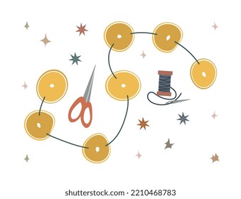 Garland of dried oranges vector illustration isolated on white background. Seasonal handmade, holiday leasure time for kids, Christmas decor. Simple flat style 