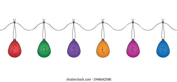 A garland of Easter eggs. The eggs contain the word Easter. Colored vector illustration. Colorful souvenirs hang on a thread with a knot. Cartoon style. Light Easter. Hanging decoration. 