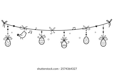 Garland with easter eggs. Easter decoration with painted eggs. Outline illustration, isolated on white background	