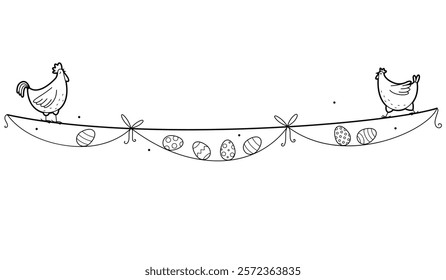 Garland with easter eggs. Hen and rooster. Easter decoration with painted eggs. Outline illustration, isolated on white background	