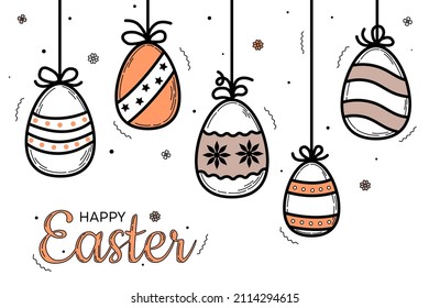 Garland of Easter eggs. Hung colorful eggs on rope. Doodle, hand drawing. Cute hand drawn Easter design, decoration. Easter card, banner, wallpaper. Vector illustration	