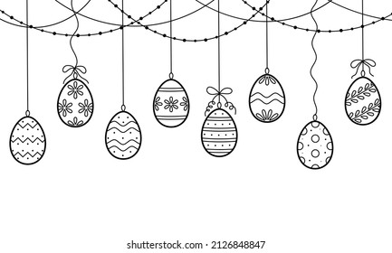 Garland with easter eggs with ornament. Elements for decorating for the Easter. Vector illustration in doodle sketch style.